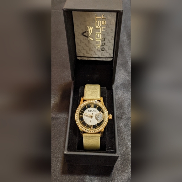 August Steiner Women's Gold Tone Crystal Watch AS8176YG Date Leather Strap NIB - Picture 2 of 8